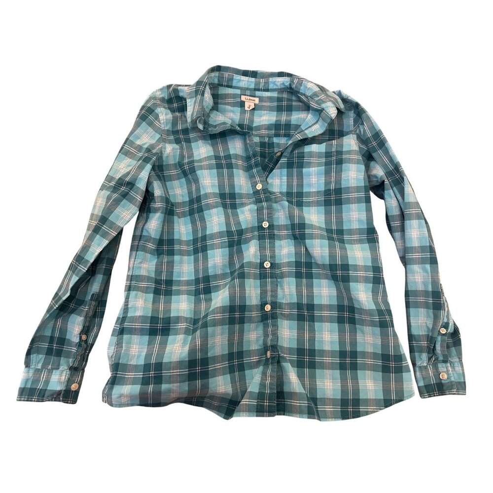 L.L.Bean Womens M Plaid Button-Up Shirt 100% Cotton Teal Classic Fit Casual
